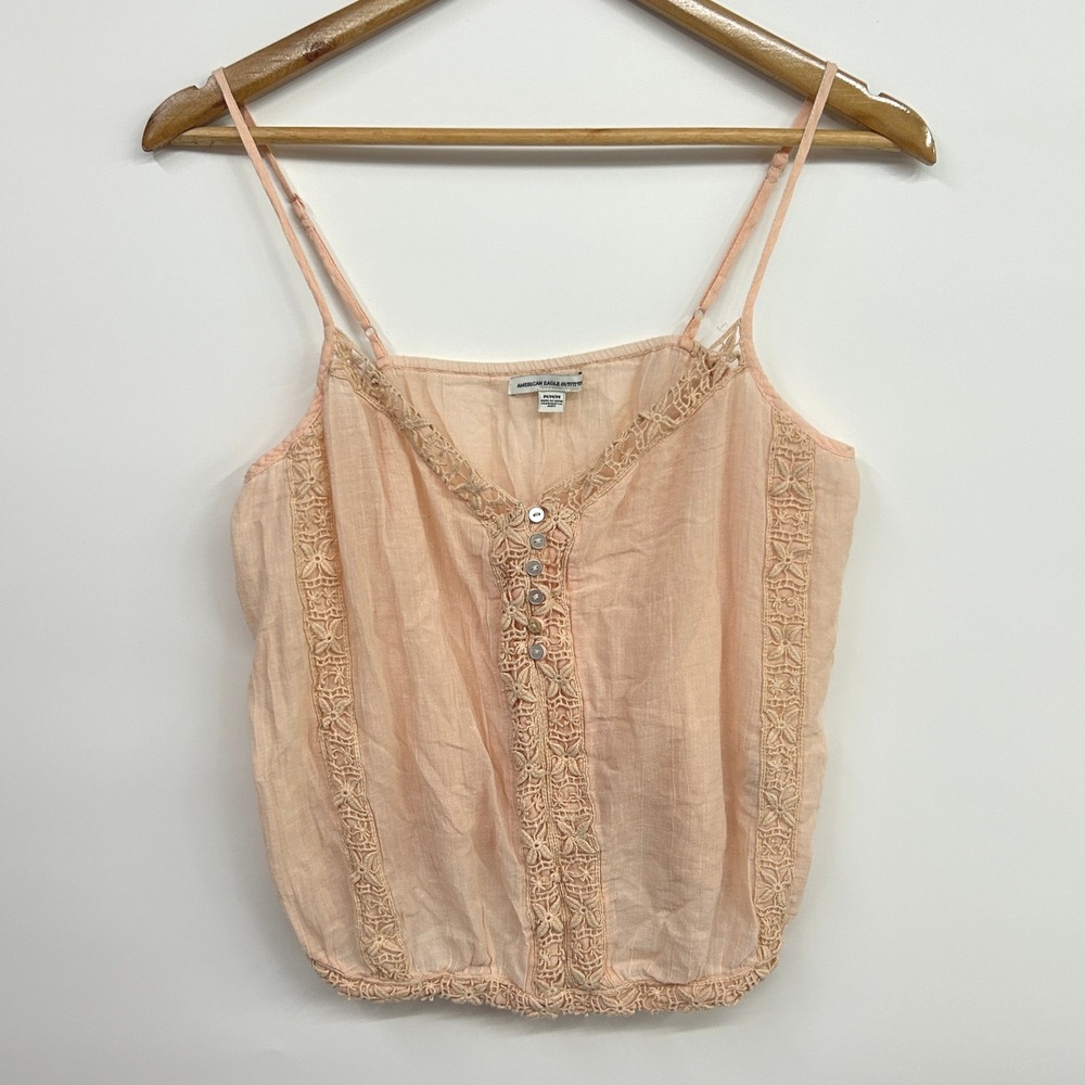 American Eagle Y2K Peach Cotton Crochet Lace Fairy Boho Festival Cami Tank
